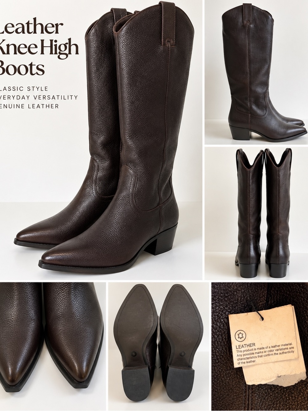 Zara Dark Brown Leather Knee-High Heeled Boots Sz 9 NWT